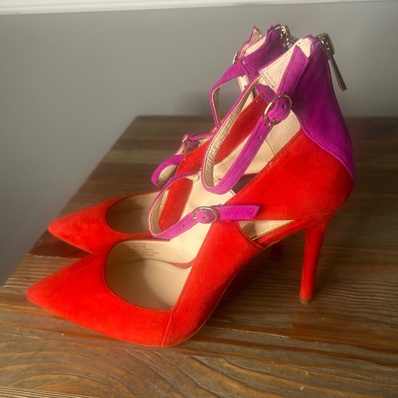 Jessica Simpson Heels Pumps Stilettos Ankle Strap Pointed Toe Red Purple 9M - Picture 1 of 10